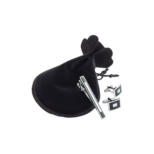 Men’s Cufflinks & Tie Pin Set Black & Silver in Elegant Velvet Pouch