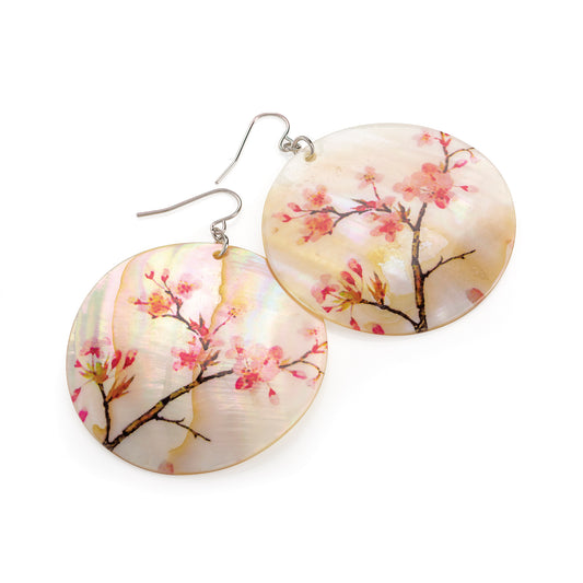 Oriental Cherry Blossom Shell Earrings Elegant Hand-Painted Mother of Pearl Earrings