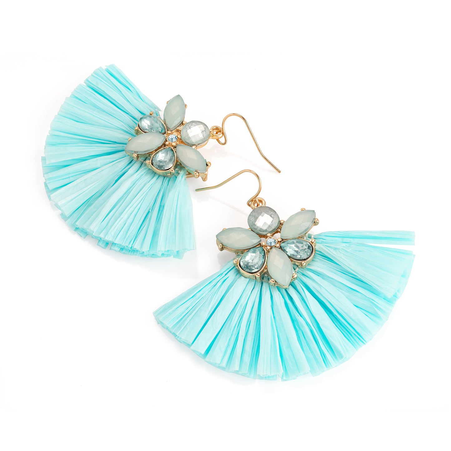 Boho Chic Raffia Fan Earrings with Diamanté - Handmade Statement Jewellery