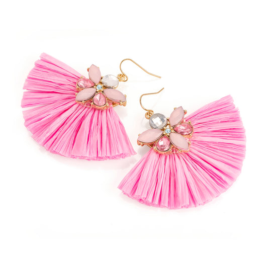 Boho Chic Raffia Fan Earrings with Diamanté - Handmade Statement Jewellery