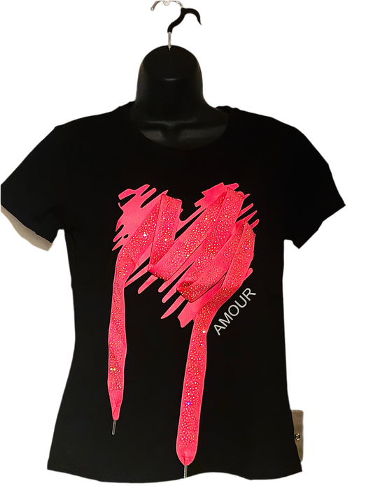 T-Shirt Short Sleeve Pink Shoe Lace Diamanté Amour