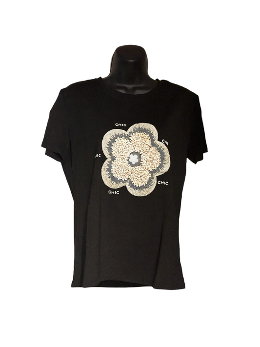 T-Shirt Nude & Black - Chic Flower Embellishment