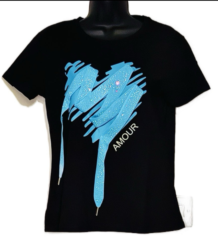 T-Shirt Short Sleeve - Diamante Lace Design Aqua