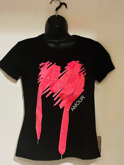 T-Shirt Short Sleeve Pink Shoe Lace Diamanté Amour